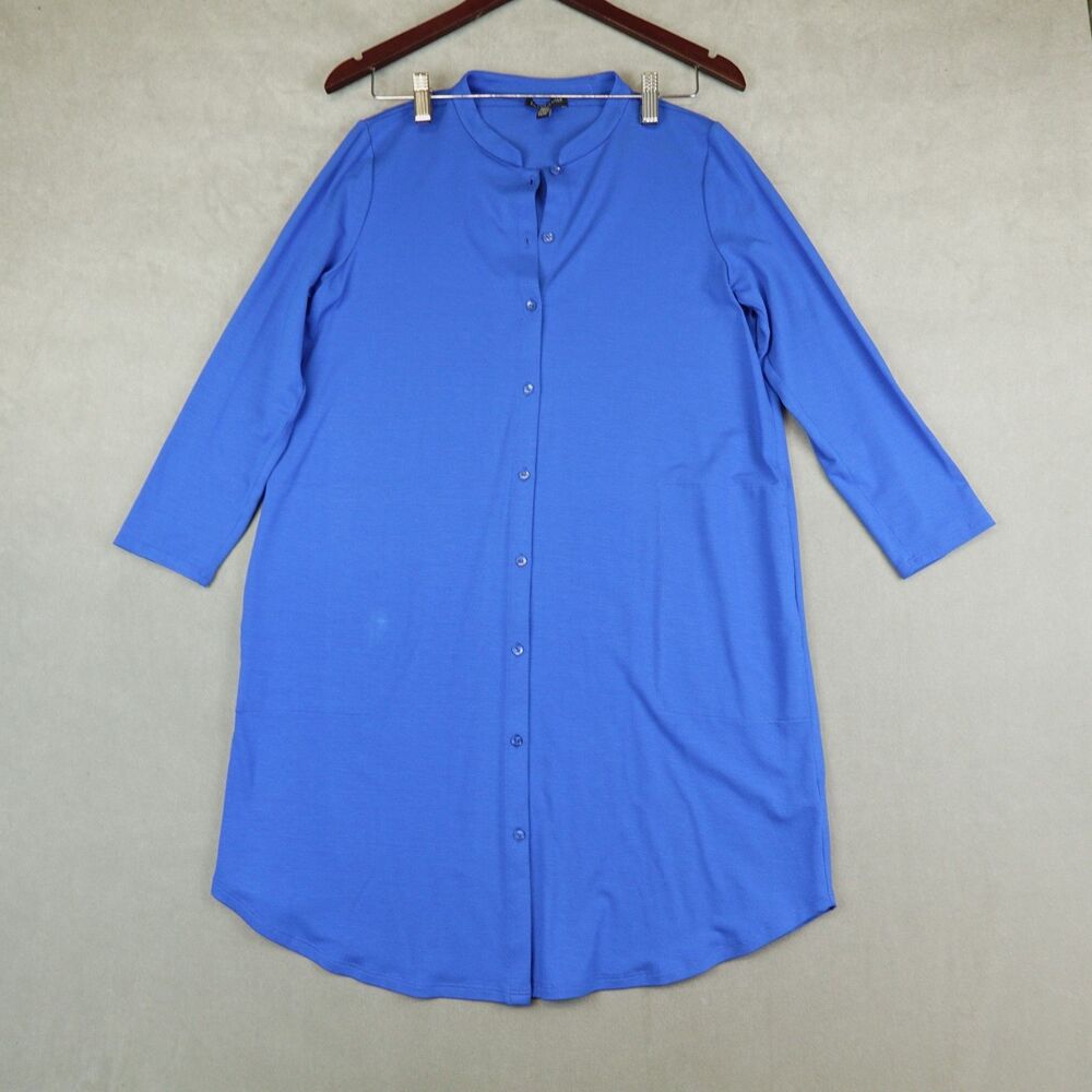 Eileen Fisher Shirt Dress Womens Small Petite Mandarin Collar Blue Lagenlook